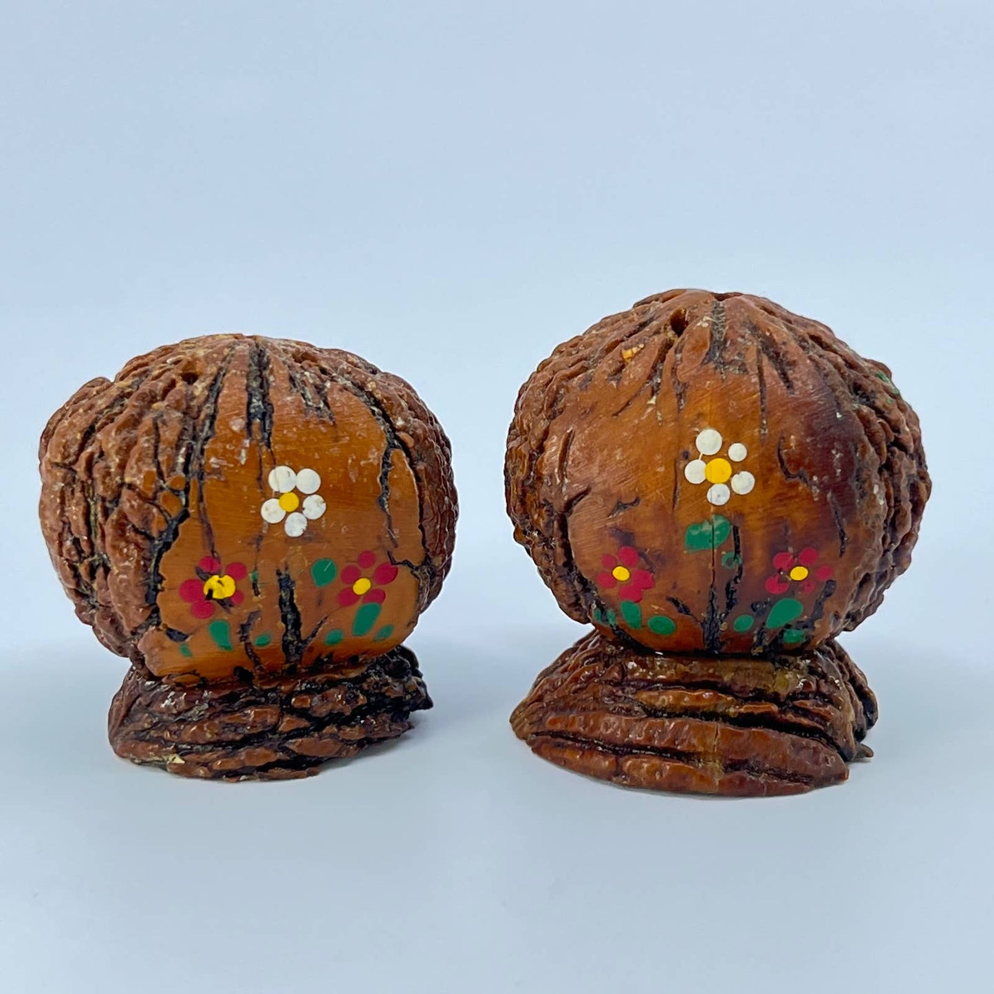 Vintage Handmade Painted Walnut Faux Salt and Pepper Shaker Set of 2 SD1