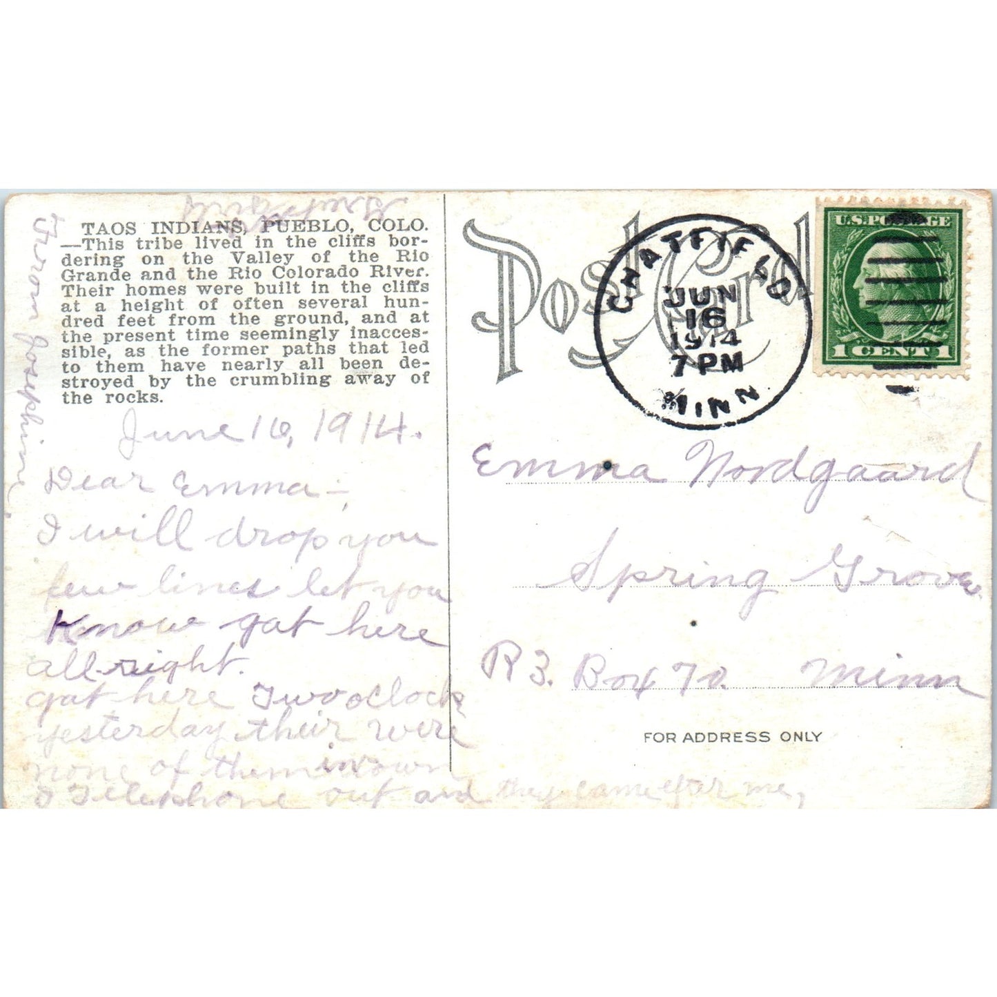 Taos Indians Cliff Dwellers Pueblo 1914 Colorado Original Postcard P1-11