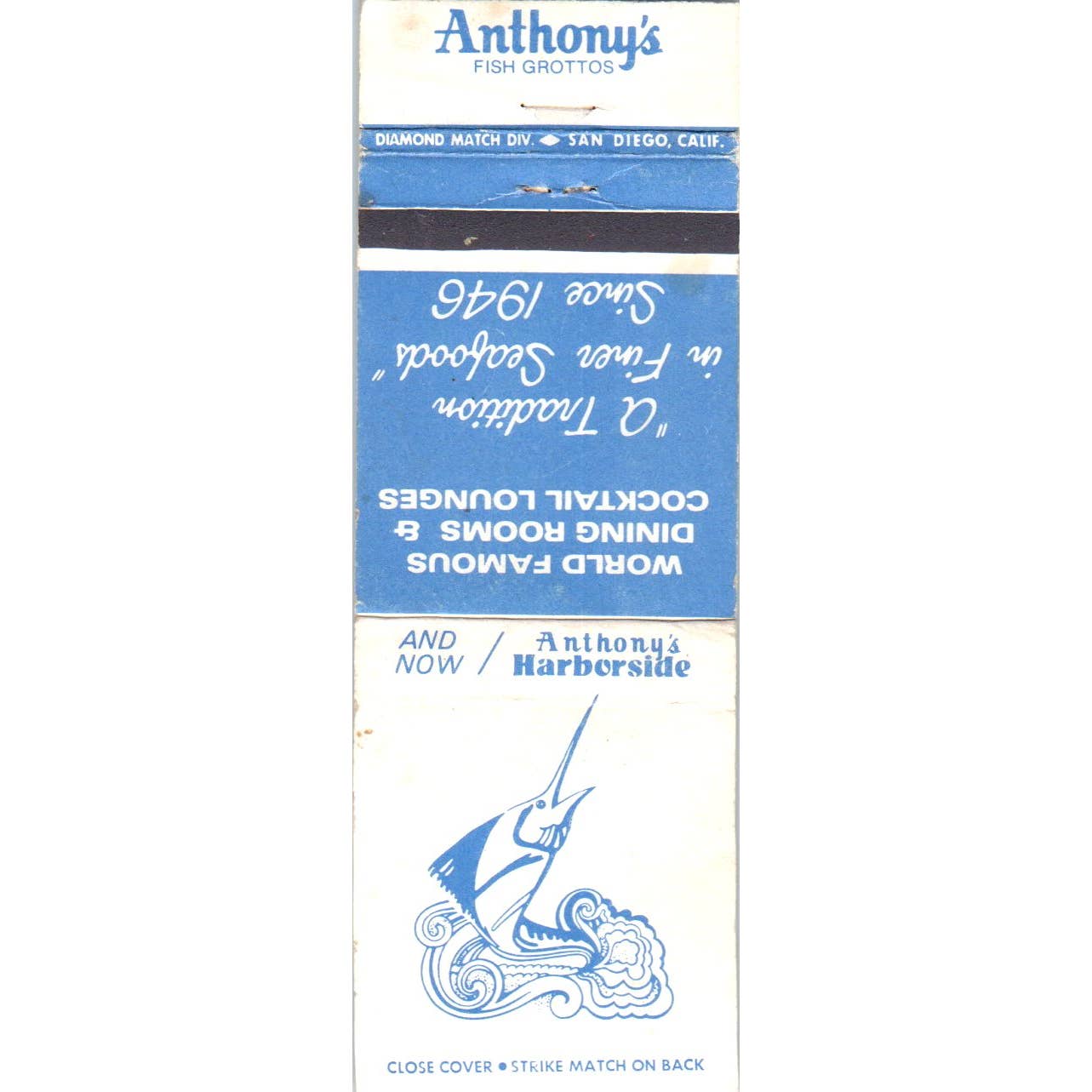 Anthony's Harborside Restaurant California Advertising Matchbook Cover SA1-M9