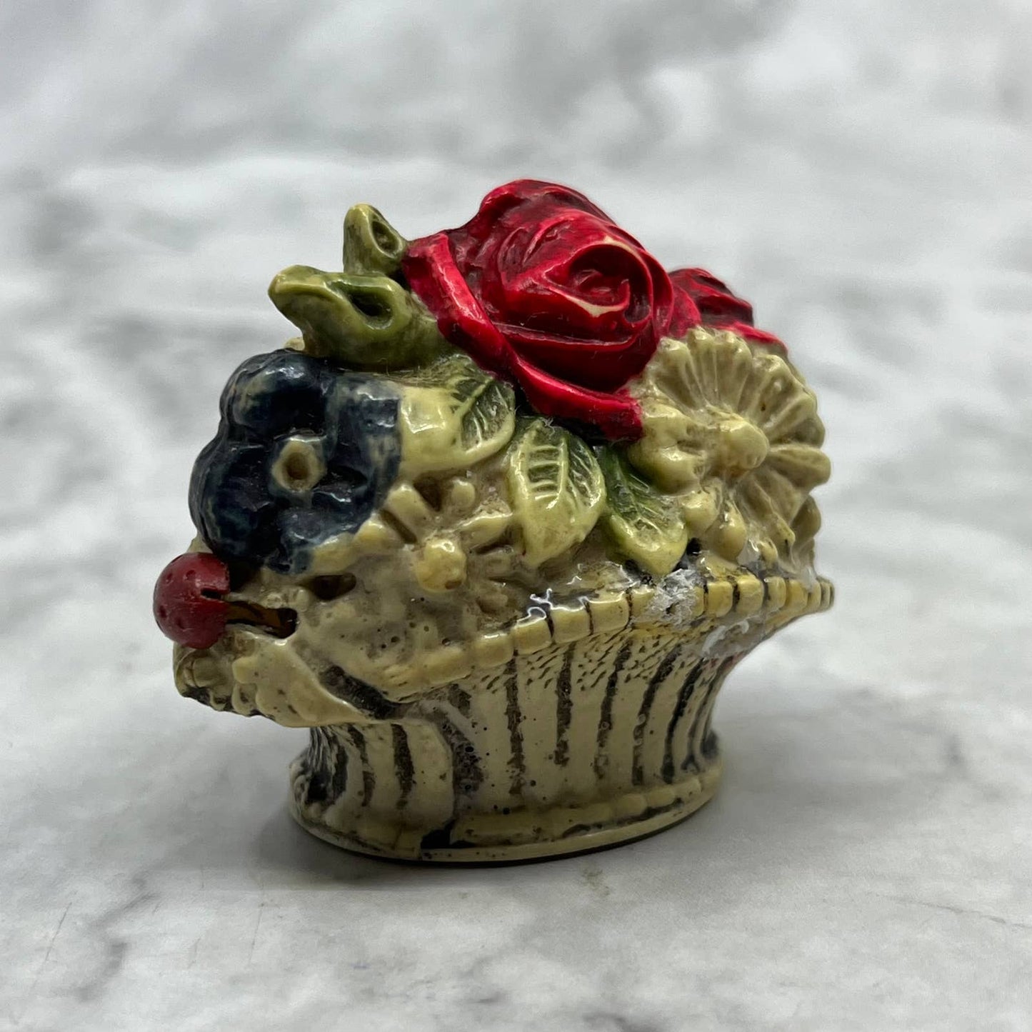 Antique Celluloid Flower Basket With Lady Bug Figural Measuring Tape Measure SE7