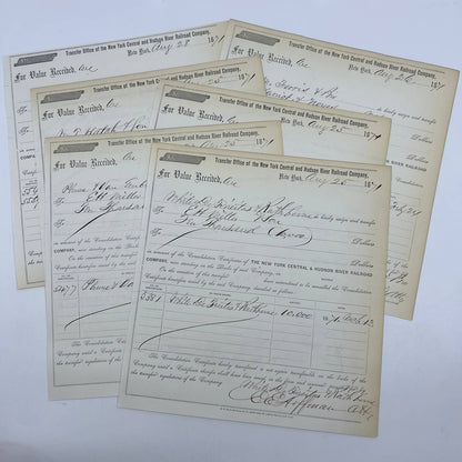 1871 New York Central & Hudson River Railroad Co Transfer Documents Set of 6 AC9