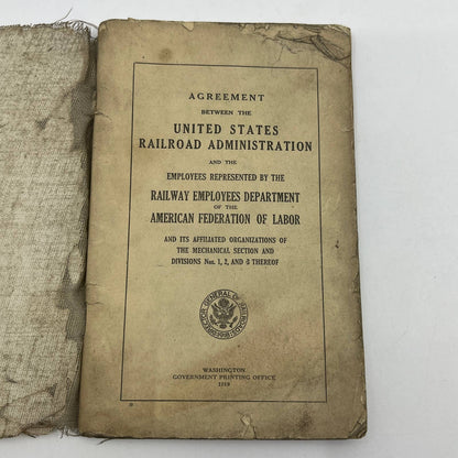 1919 US Railroad Administration Agreement w/ Railway Employees Dept Booklet TG6