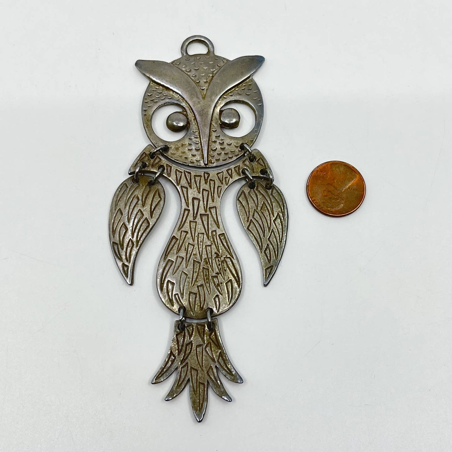 1970s Boho Articulated Owl Pendant Charm Silver Tone Medallion Large SD4