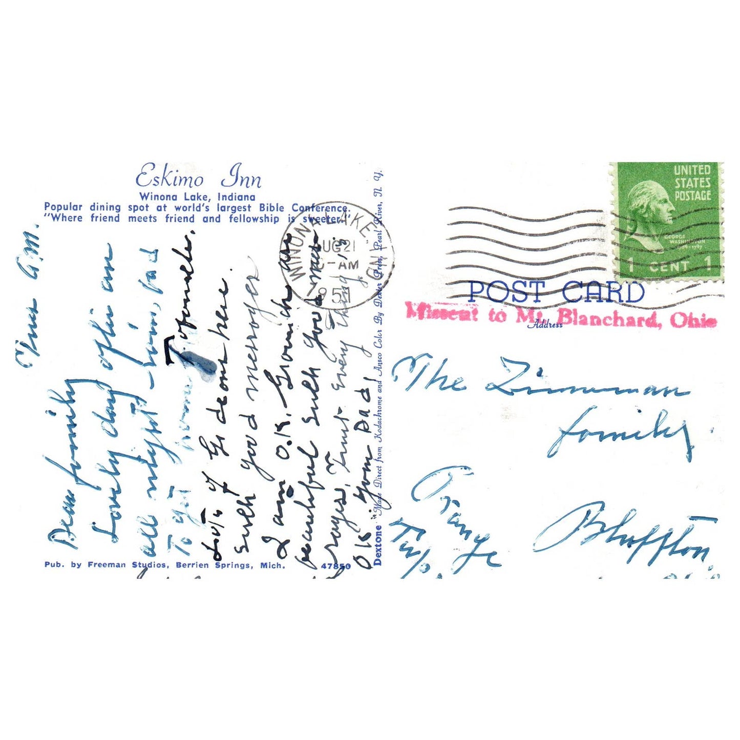 Eskimo Inn Winona Lake Indiana 1951 - Postcard TJ8-2