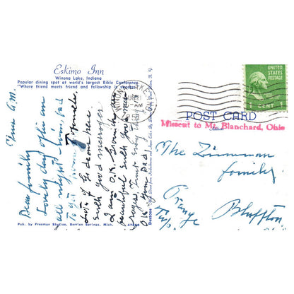 Eskimo Inn Winona Lake Indiana 1951 - Postcard TJ8-2