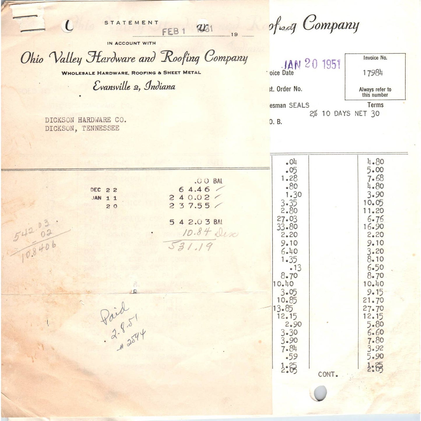 1951 Ohio Valley Hardware & Roofing Co Billhead Set Evansville IN AD5