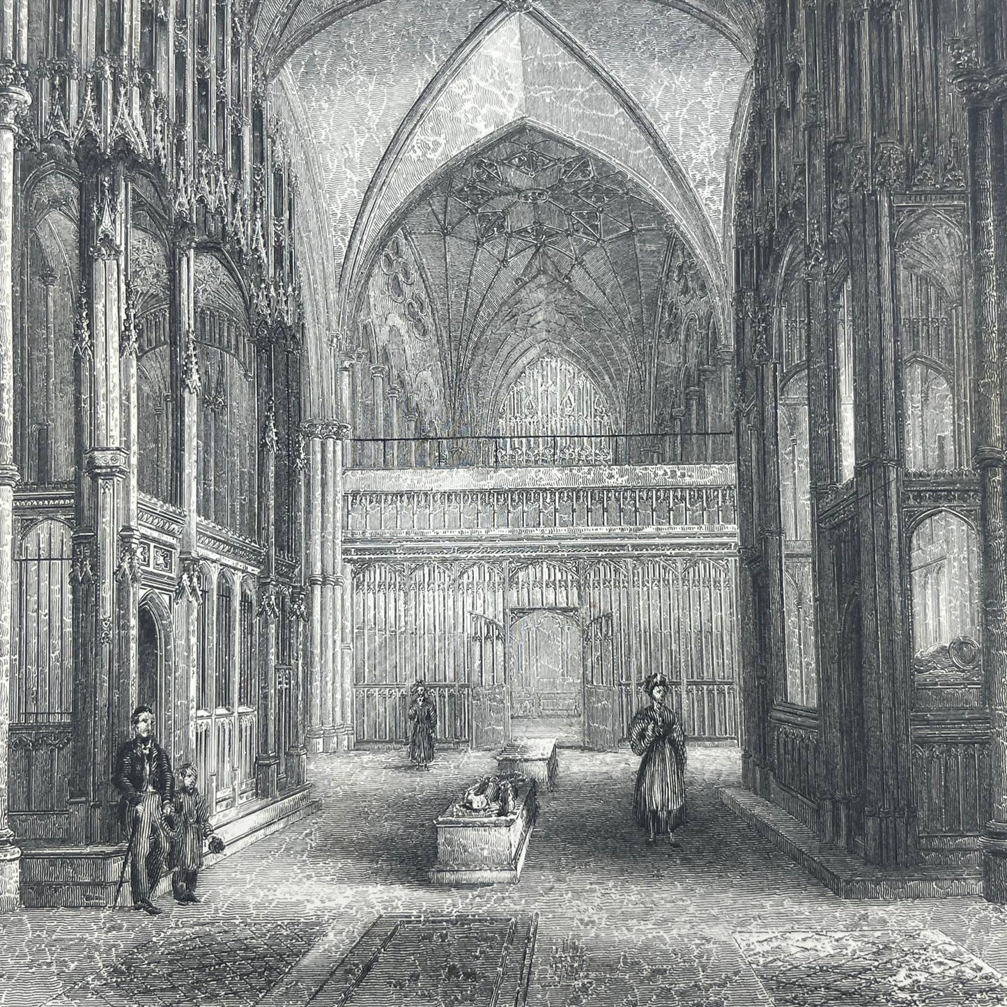 1836 Original Art Engraving Winchester Cathedral View in The Presbytery AC6