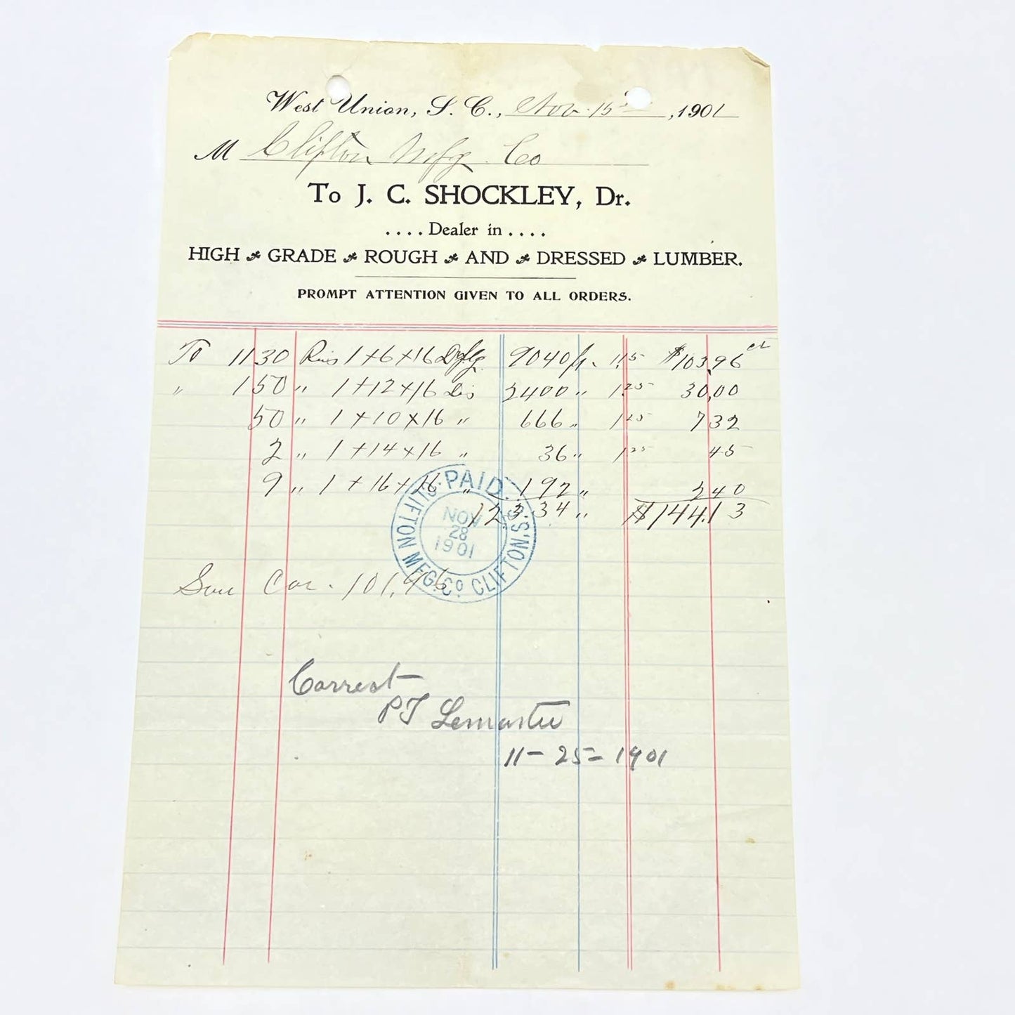 1901 Dr. J.C. Shockley Lumber Dealer Letterhead  West Union SC AB9