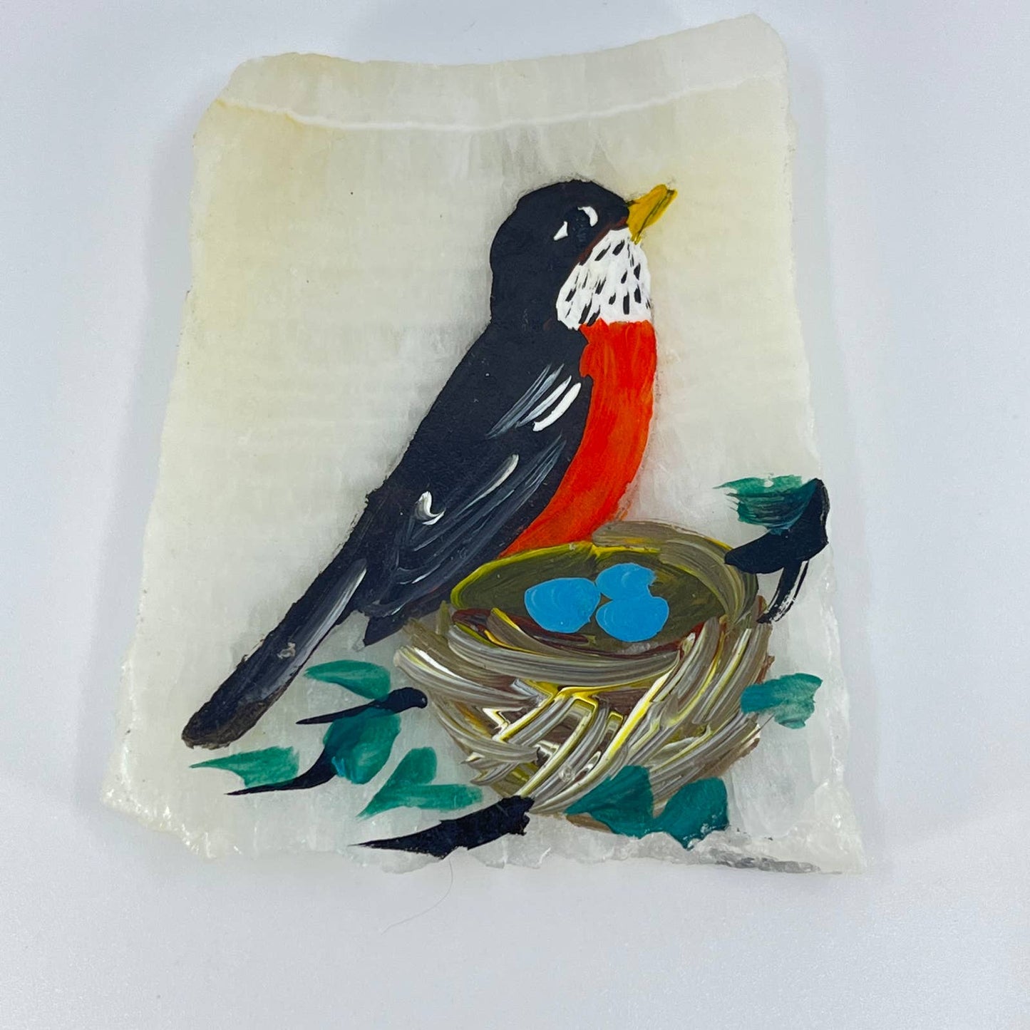 VTG Refrigerator Magnet Hand Painted Robin & Eggs on Marble Slab SD2