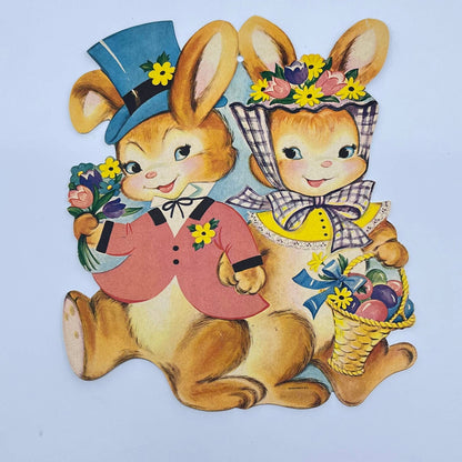1960s Vintage Dennison Easter Bunny Couple 7" Die Cut Bunnies Egg Basket FL3