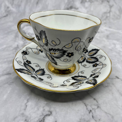 Vtg Clarence Tea Cup & Saucer England Fine bone china Art Deco Black & Gold TD6