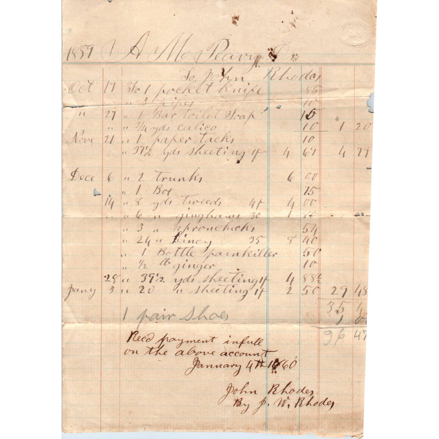 1857 Handwritten receipt From Asa M. Peavy to John Rhodes Butler County AL AD6