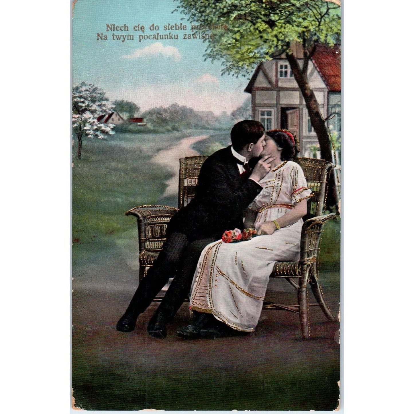 Victorian Romance Courting Couple German 1914 Original Postcard TK1-21-2