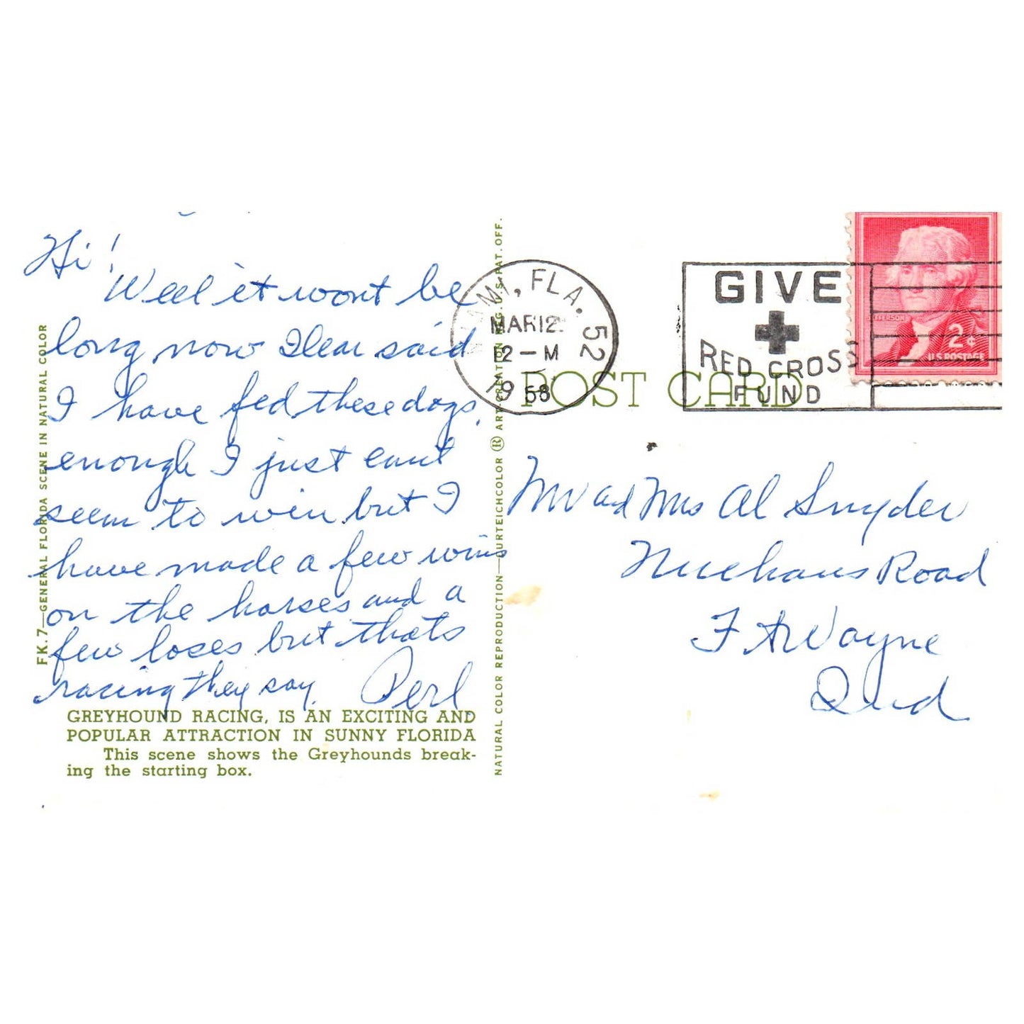 Vintage Postcard - Greyhound Racing Miami Florida 1958 AD9