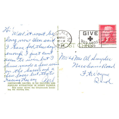 Vintage Postcard - Greyhound Racing Miami Florida 1958 AD9