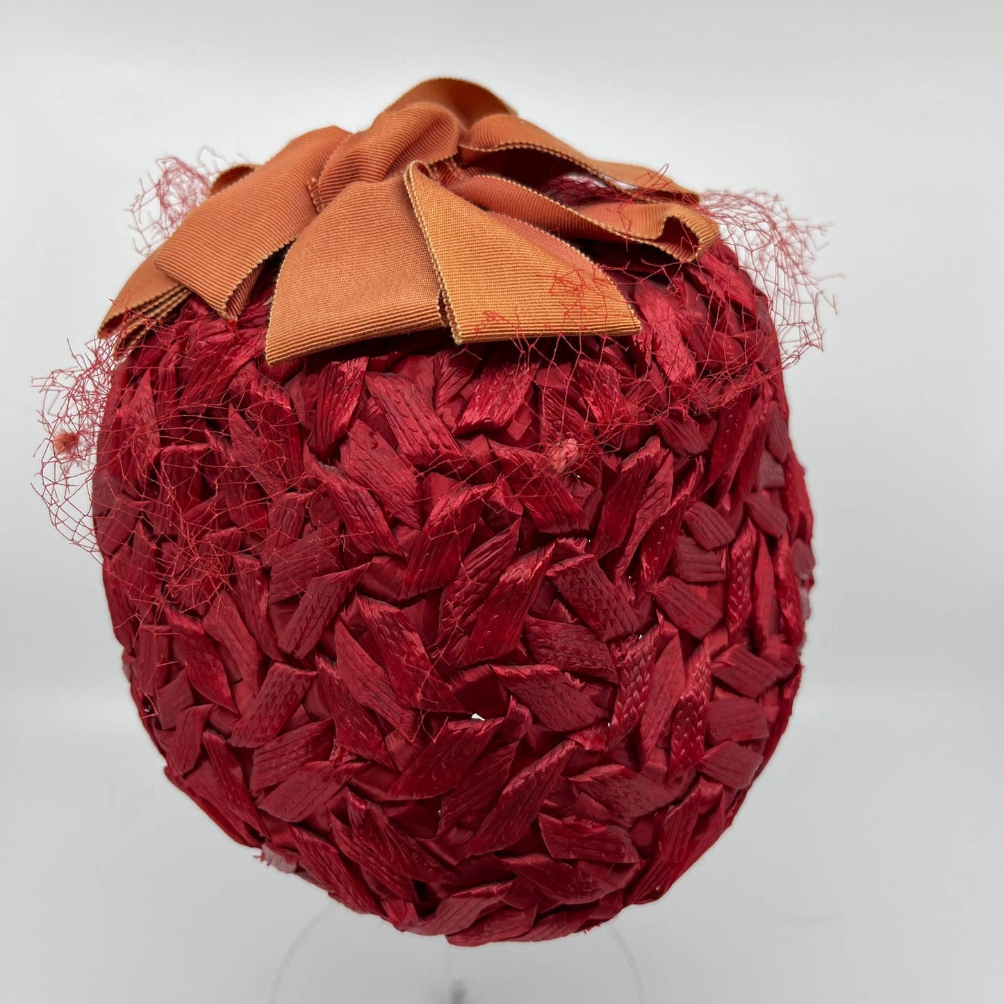 Vintage Red Straw Weave Bucket Hat With Orange Bow HB1
