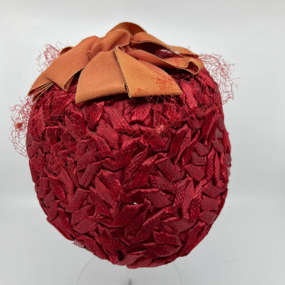 Vintage Red Straw Weave Bucket Hat With Orange Bow HB1