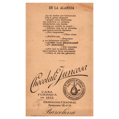 En La Almeda Chocolate Juncosa Barcelona - 1880s Victorian Trade Card TJ8-3-1