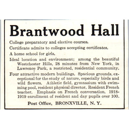 c1920 Harper's Magazine Ad - Brantwood Hall Home School for Girls Bronxville EA3