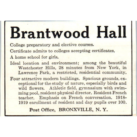 c1920 Harper's Magazine Ad - Brantwood Hall Home School for Girls Bronxville EA3