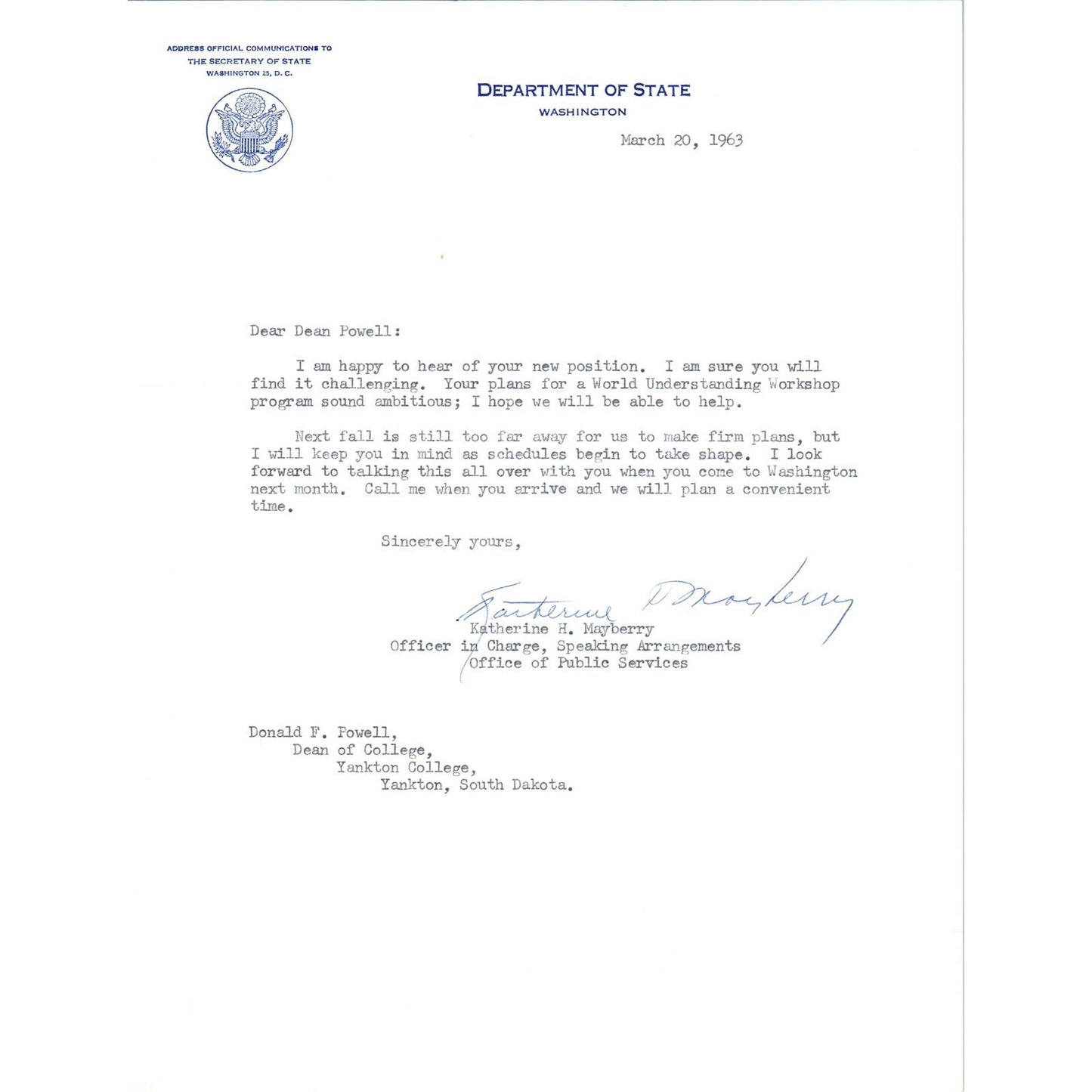 US Department of State Official Letterhead Memo March 20 1963 TK1-P11