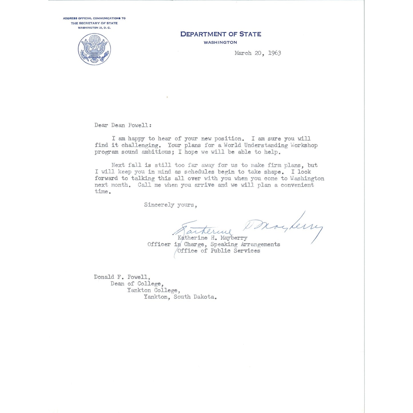 US Department of State Official Letterhead Memo March 20 1963 B15