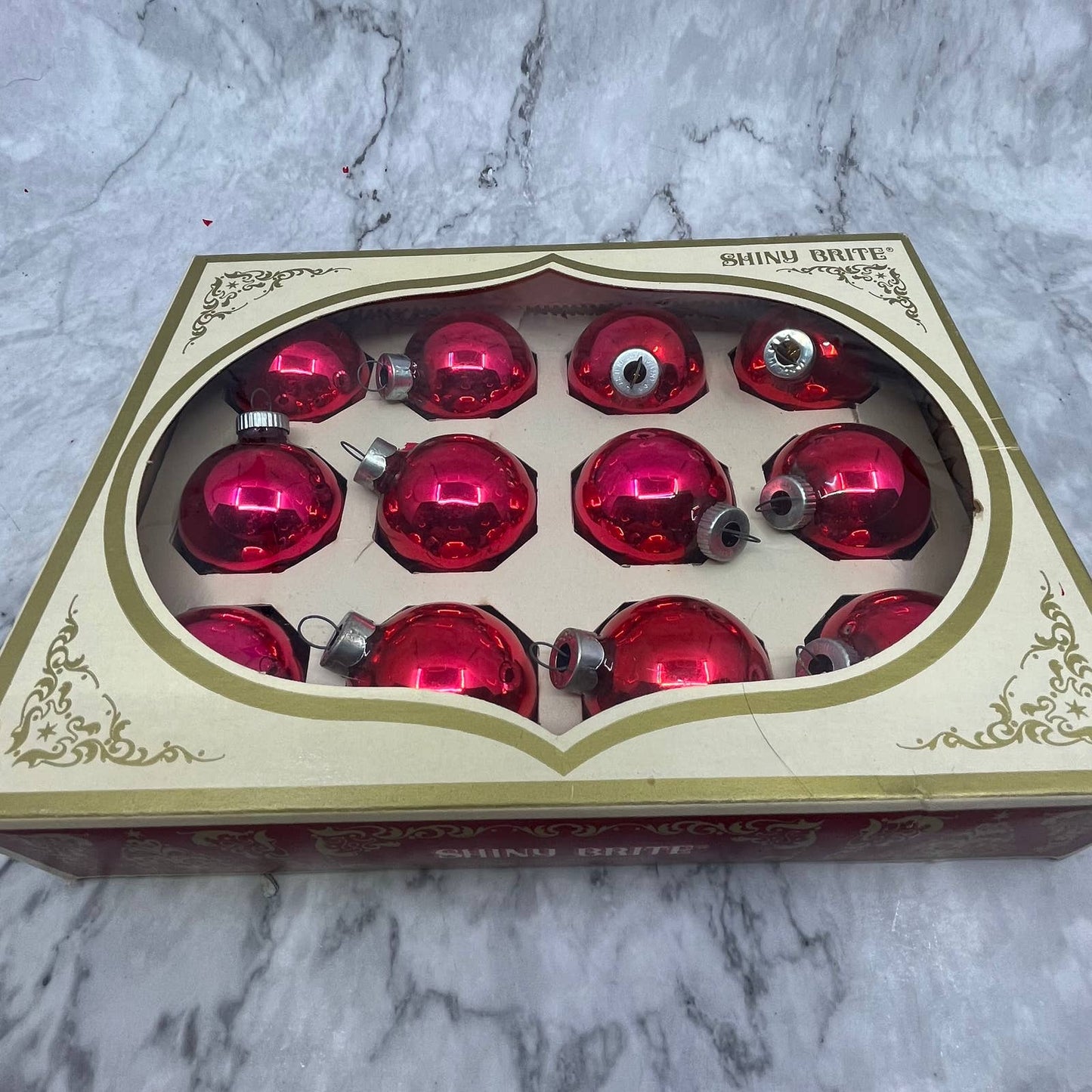 Shiny Brite 12 Vintage 1 3/4" Mercury Glass Ornaments Original Box Red/Pink TJ9
