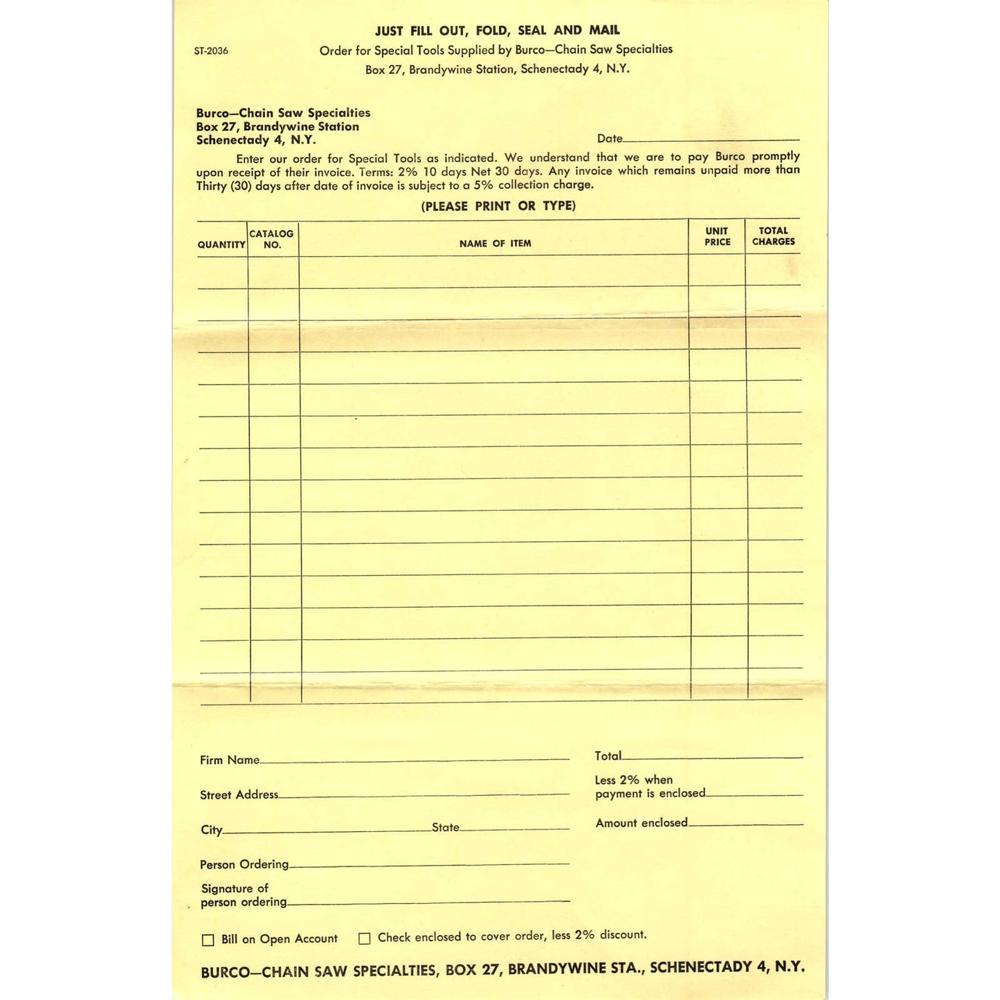 1950s Burco Chain Saw Specialties Blank Order Form Schenectady NY AD5