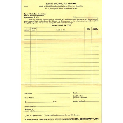 1950s Burco Chain Saw Specialties Blank Order Form Schenectady NY AD5
