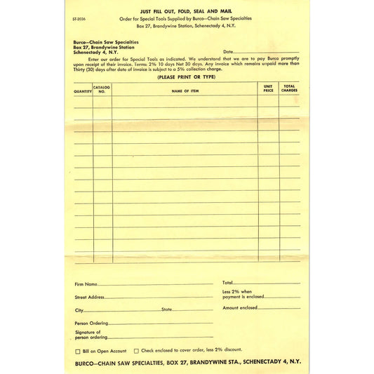 1950s Burco Chain Saw Specialties Blank Order Form Schenectady NY AD5