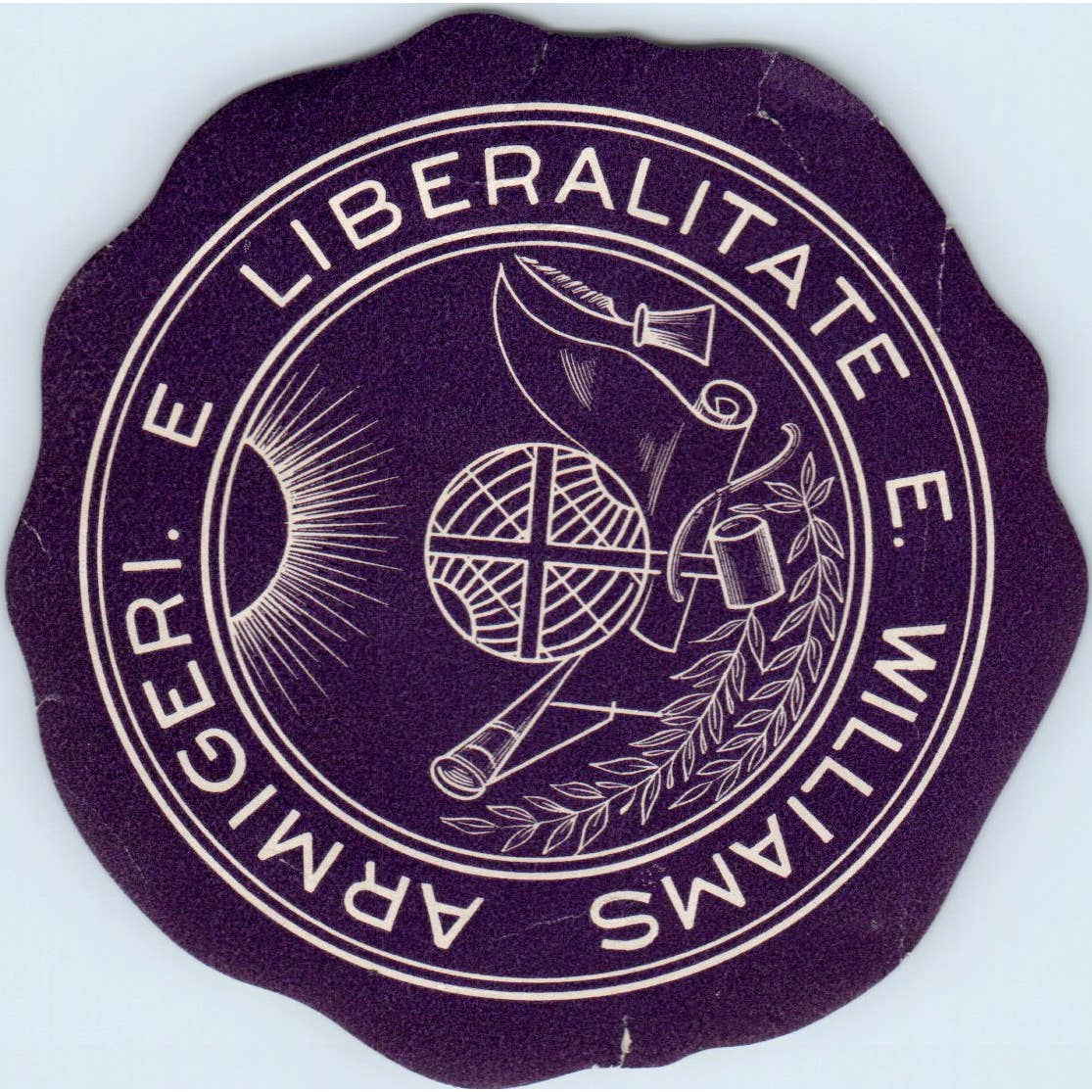 Vintage Decal Sticker Stamp - E. Williams Armigeri E Liberalitate 3.5" SE5