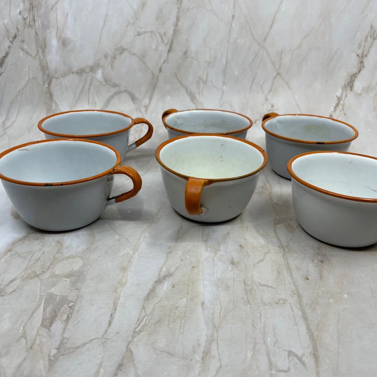 Vintage Enamelware 6 Place Setting Full Set White Orange Trim Bowls Plates Cups
