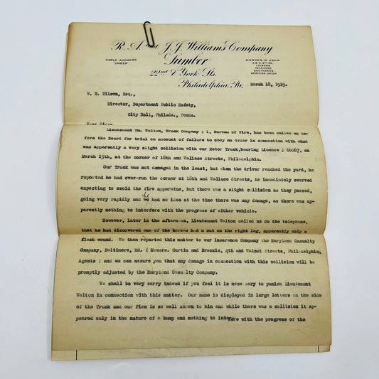 1919 Letter JJ Williams Lumber Co. & Philadelphia Bureau of Fire Department D2