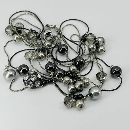 Vintage Modernist Layered Bead & Rhinestone Silver Tone Necklace SB2
