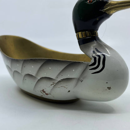 Vtg MCM Hand Painted Solid Brass Mallard Duck Brass Trinket Candy Dish 7" TH8-1