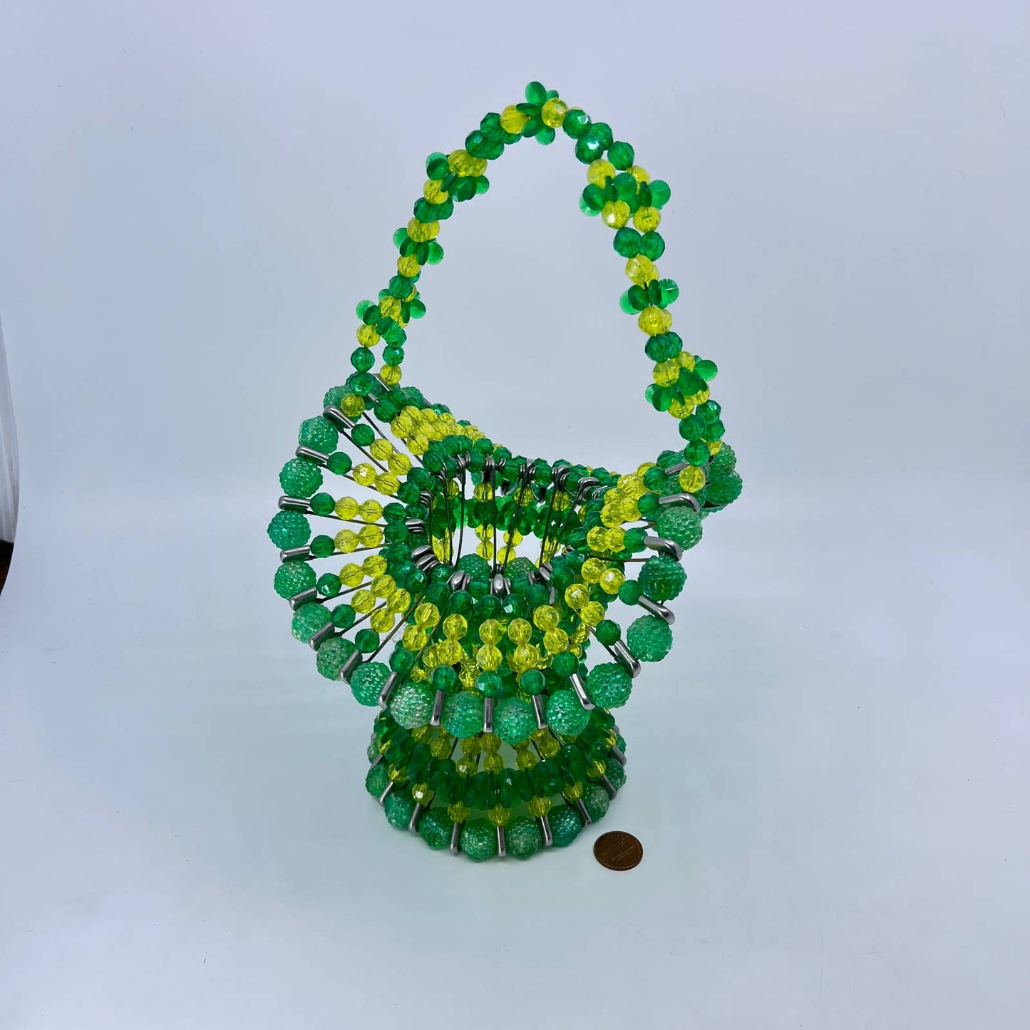 Vintage Kitsch Safety Pin Beaded Basket Green Yellow 70s Earth Tone 11” TF4