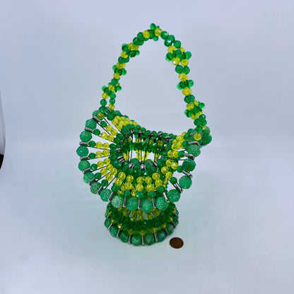 Vintage Kitsch Safety Pin Beaded Basket Green Yellow 70s Earth Tone 11” TF4