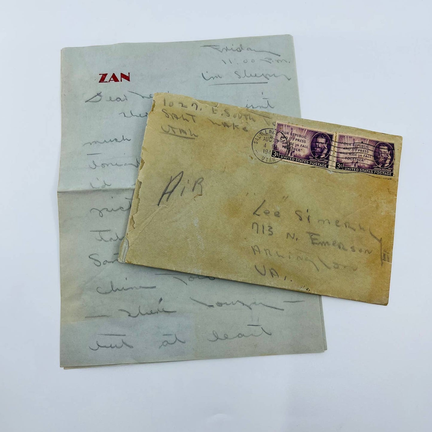 1947 Postal Cover and Letter Salt Lake City Utah to Arlington VA Lee Simerly SC1