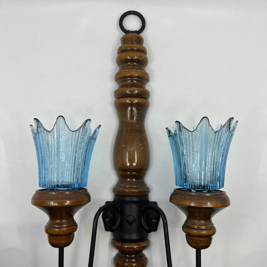 Retro MCM Wood Candler Holder Wall Sconce Blue Ice Fluted Glass ~10x18 TC2