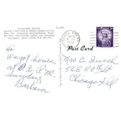 Williams Motel Dothan Alabama - Postcard TJ8-1