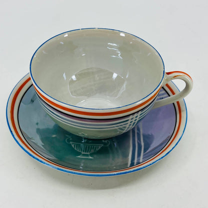 Vtg RARE Japanese Iridescent Opal Lusterware Blue Stripe Cup and Saucer Set TC6