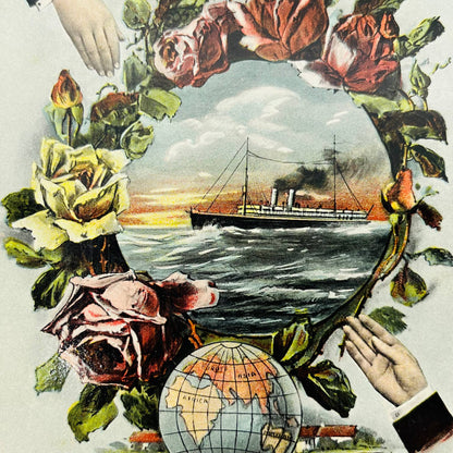 1910s Birthday Post Card Art Nouveau Steamship Globe Roses Gloss PA5