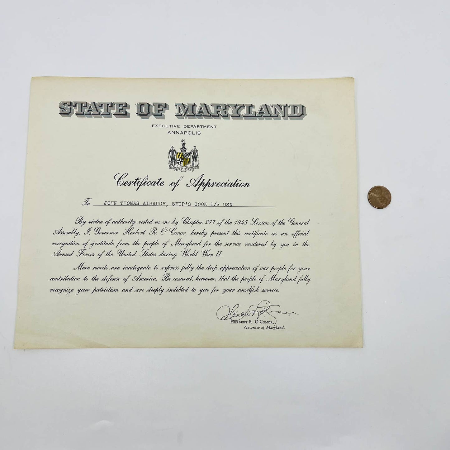 1945 WWII Maryland Certificate of Appreciation John Thomas Albaugh USN D1