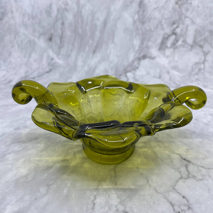 Vintage Murano Italy Hand Blown Green  Art Glass Bowl MCM Handles 6x8" TA2