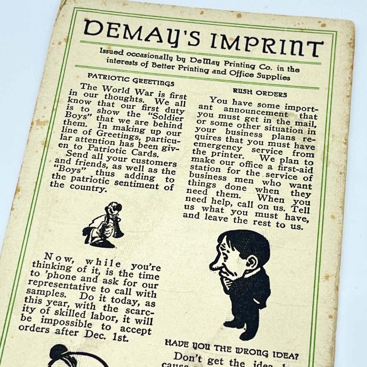 c1918 WWI Blotter Card DeMay’s Printing Jackson MI SC9