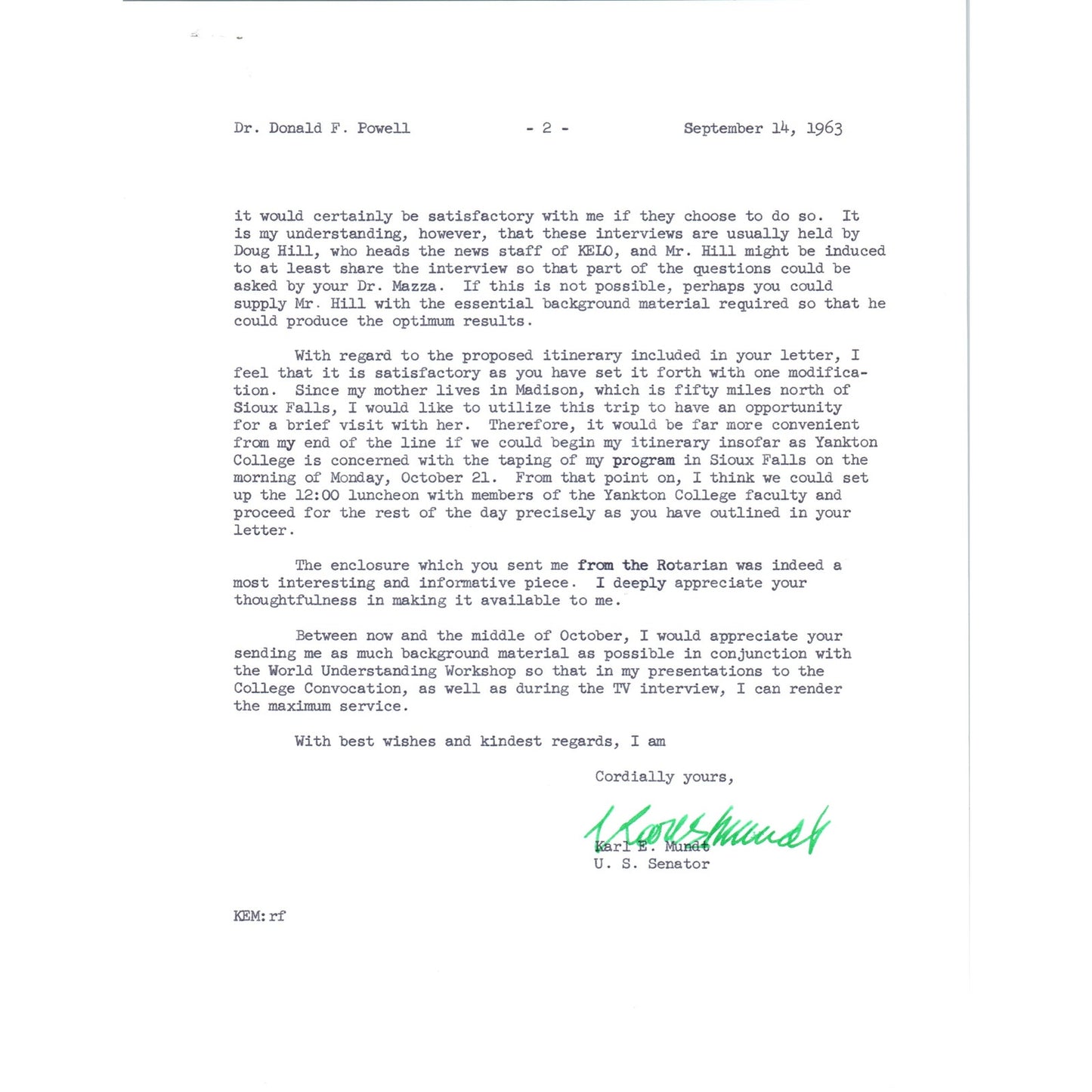 South Dakota Senator Karl Mundt Official Letterhead Signed Memo Sep 1963 B11