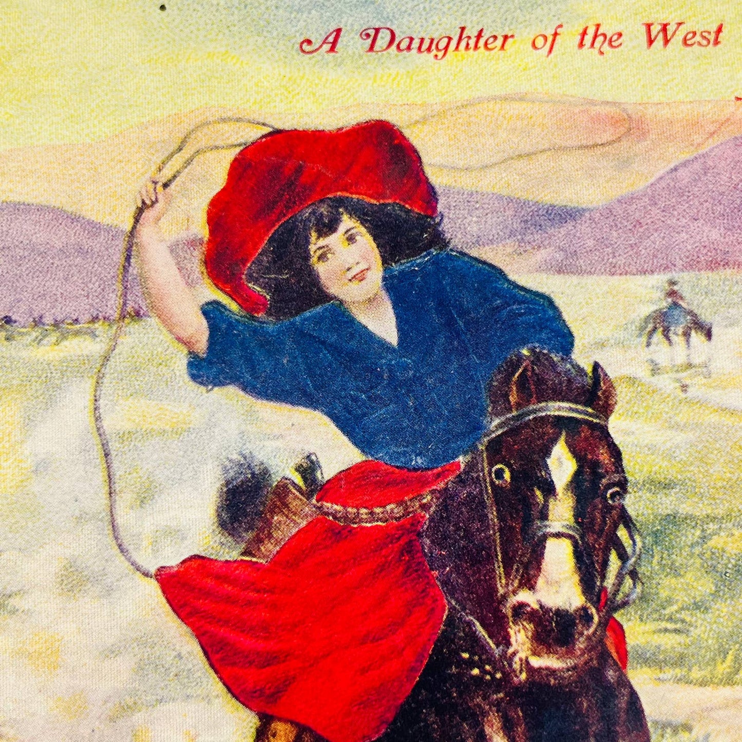 1908 Post Card Woman Cowboy Cowgirl Riding Horse Lasso Daughter of the West PA7