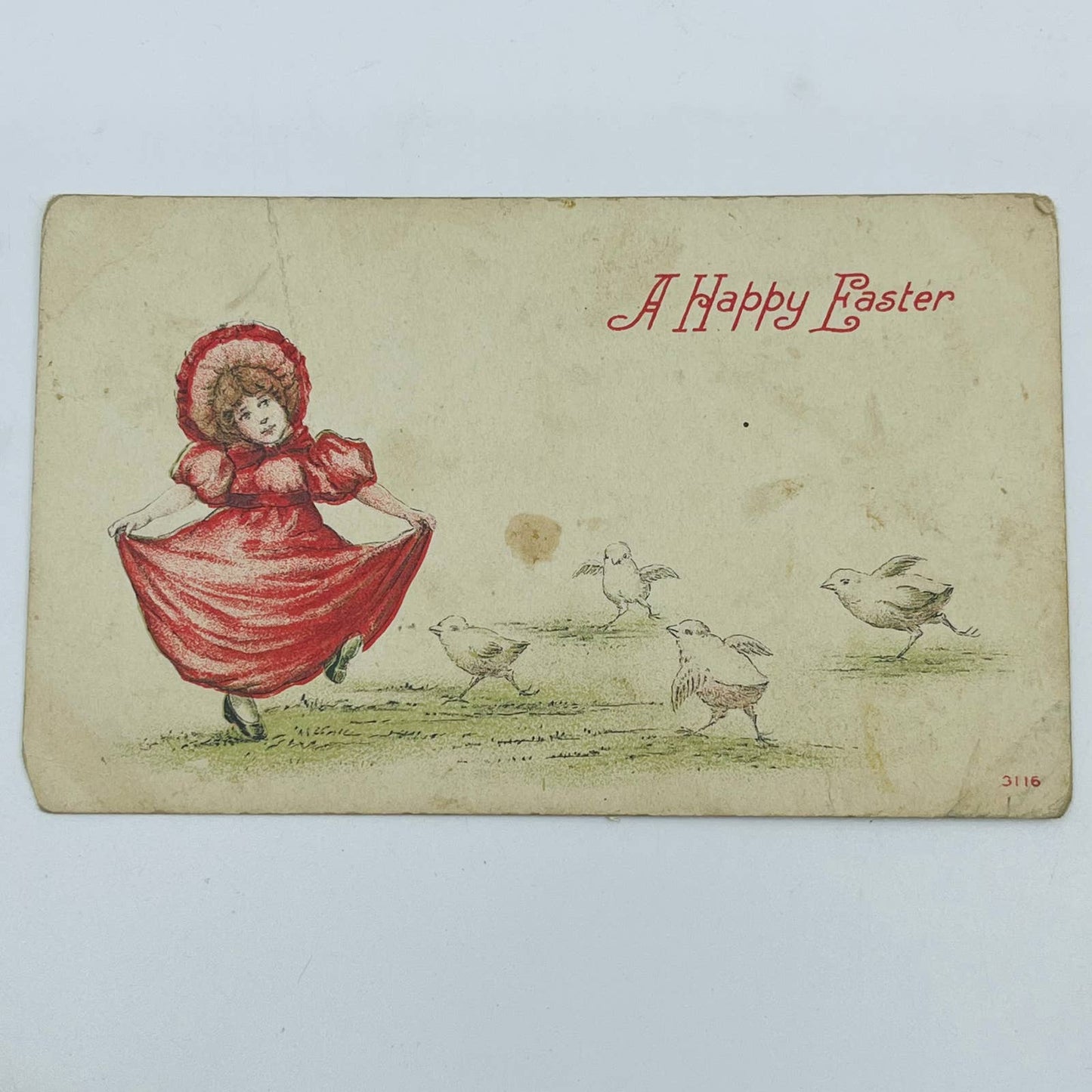 1910s Easter Post Card Girl in Bonnet Dancing with Chicks PA5