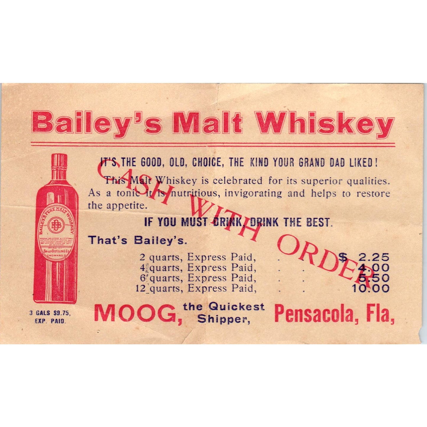 c1900 Advertising Leaflet Bailey's Malt Whiskey Alfred Moog Pensacola FL AD6