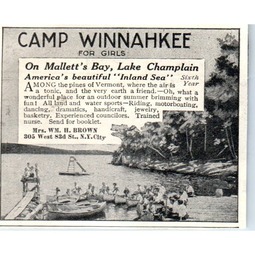 Camp Winnahkee for Girls Malletts Bay Lake Champlain Wm. H. Brown 1921 Ad TJ7-S8